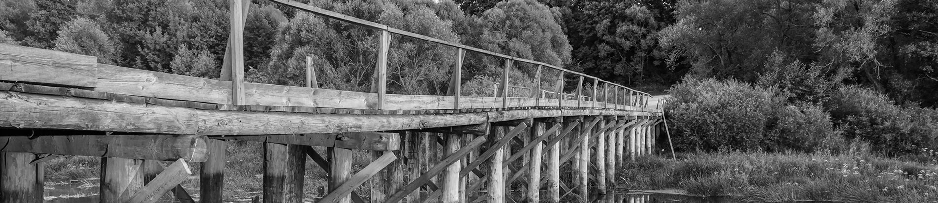 grayscale wooden bridge in nature over a river with tress in background
