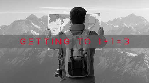 hiker reading map with mountains as background and caption Getting To 1 + 1 = 3